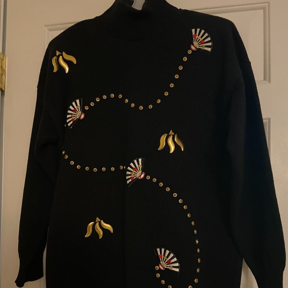Women Black Sweater 100% Cotton Long Sleeves Embroidery Gold Tone Leaves Large